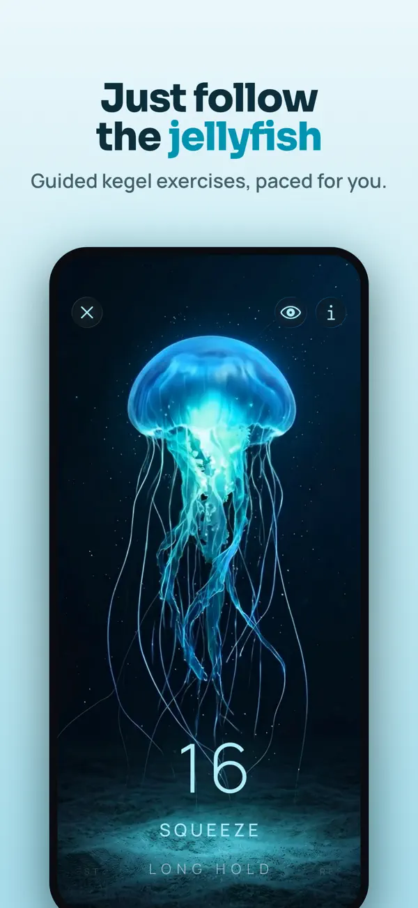 Kegelia session screen: glowing aqua jellyfish lifting up and in, counter at 16 and the cue Squeeze during a Long Hold exercise