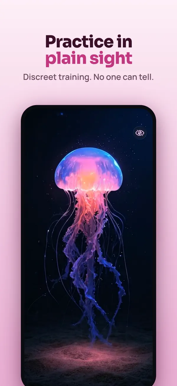 Pink jellyfish theme with the Secret Mode button that hides the interface for private pelvic floor training