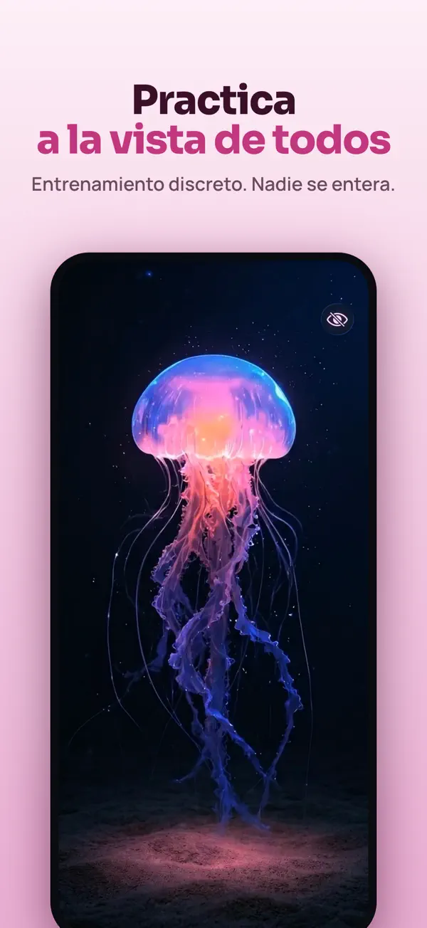 Tema de medusa rosa con el botón del Modo Secreto, que oculta la interfaz para entrenar el suelo pélvico en privado