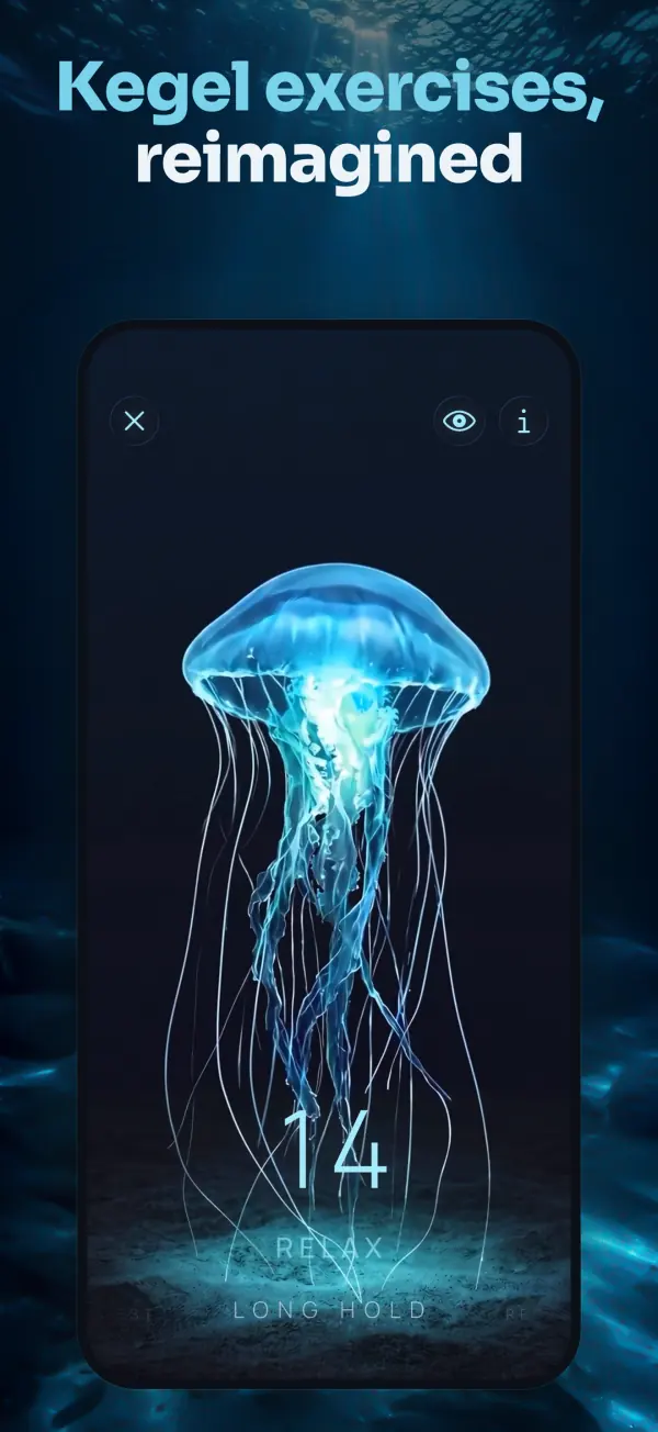 Kegelia session screen: glowing aqua jellyfish with the counter at 14 and the cues Relax and Long Hold at the bottom.