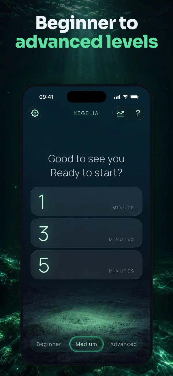 Kegelia home screen asking Ready to start? with 1, 3 and 5 minute session cards and a Beginner, Medium and Advanced level switch with Medium selected.