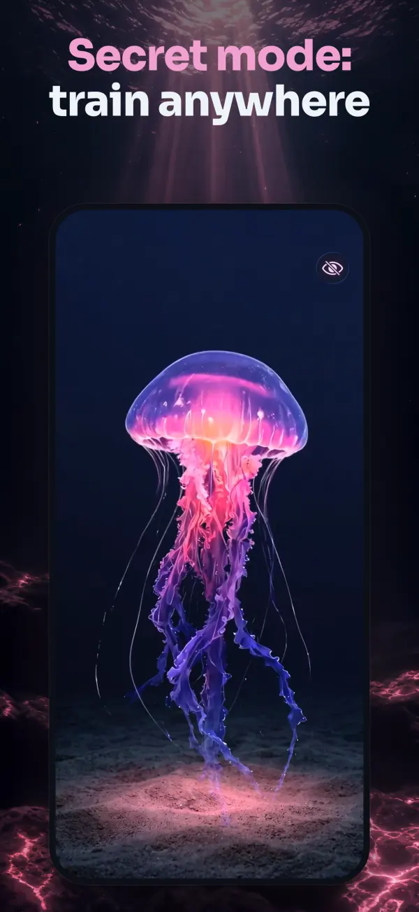 Kegelia in Secret Mode: a pink and violet jellyfish on a dark screen with only a small crossed-out eye button in the corner.