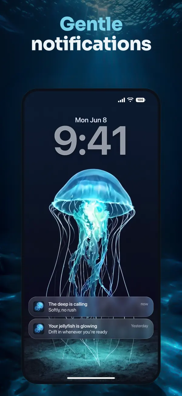 Phone lock screen at 9:41 with a jellyfish wallpaper and two Kegelia notifications: The deep is calling, Softly, no rush, and Your jellyfish is glowing, Drift in whenever you’re ready.