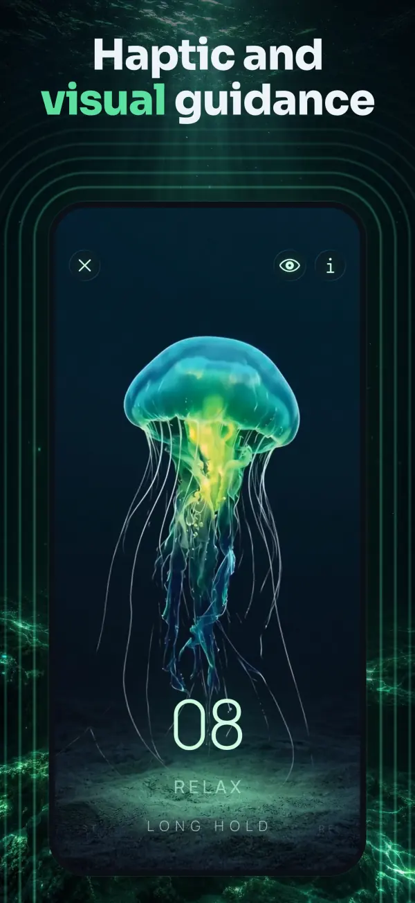 Kegelia session screen in green tones: jellyfish with the counter at 08 and the cues Relax and Long Hold, framed by glowing concentric green lines around the phone.