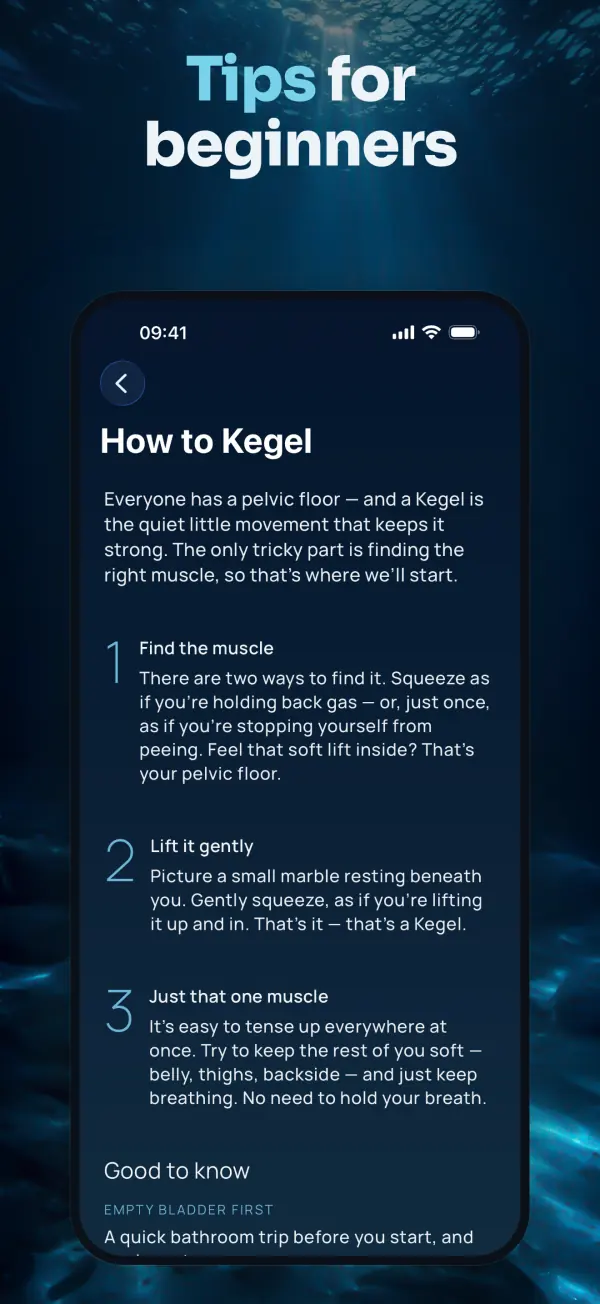 Kegelia How to Kegel guide with a short intro and three numbered steps, Find the muscle, Lift it gently and Just that one muscle, followed by a Good to know section.
