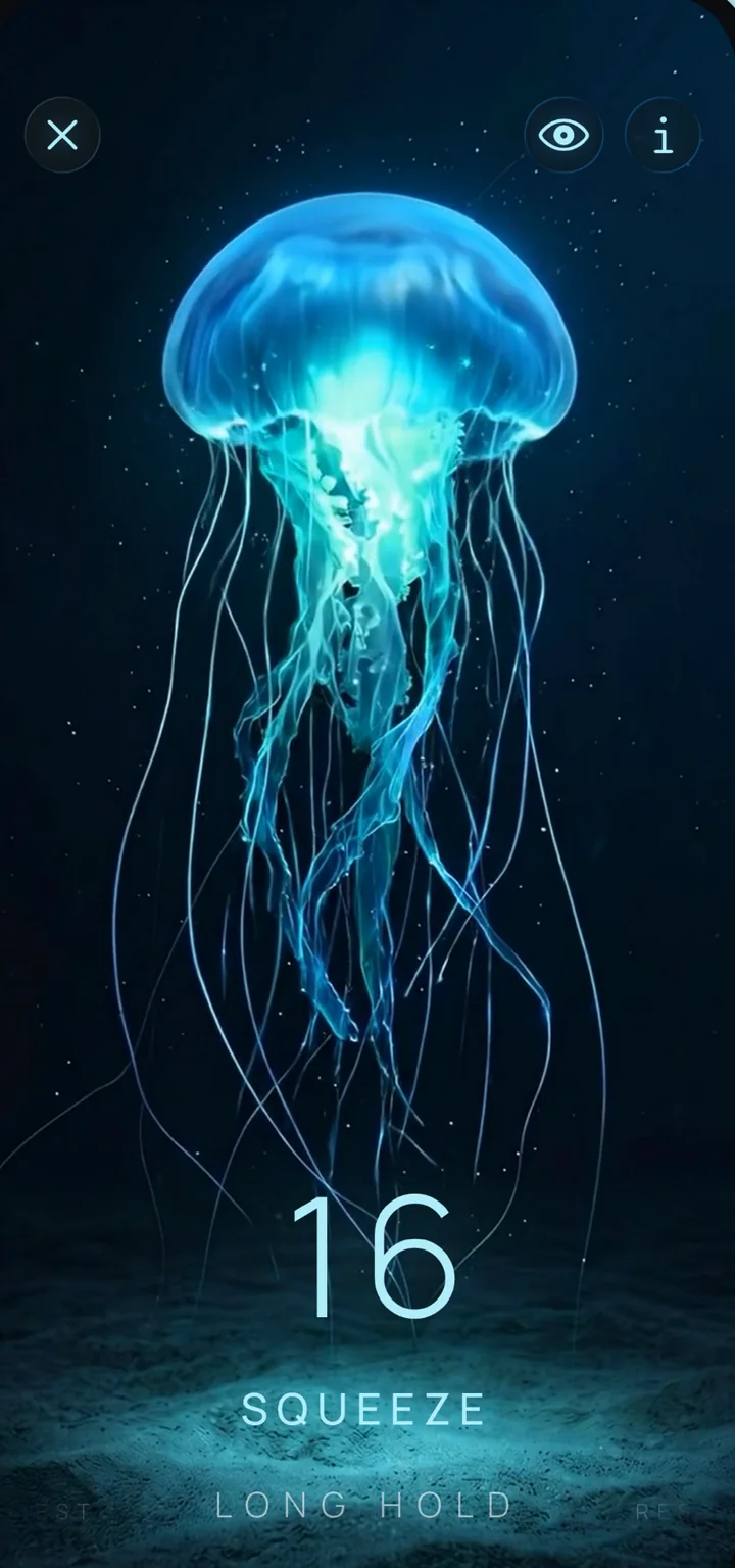 Kegelia training session: a glowing aqua jellyfish lifting up and in during a Long Hold exercise, with the cue Squeeze